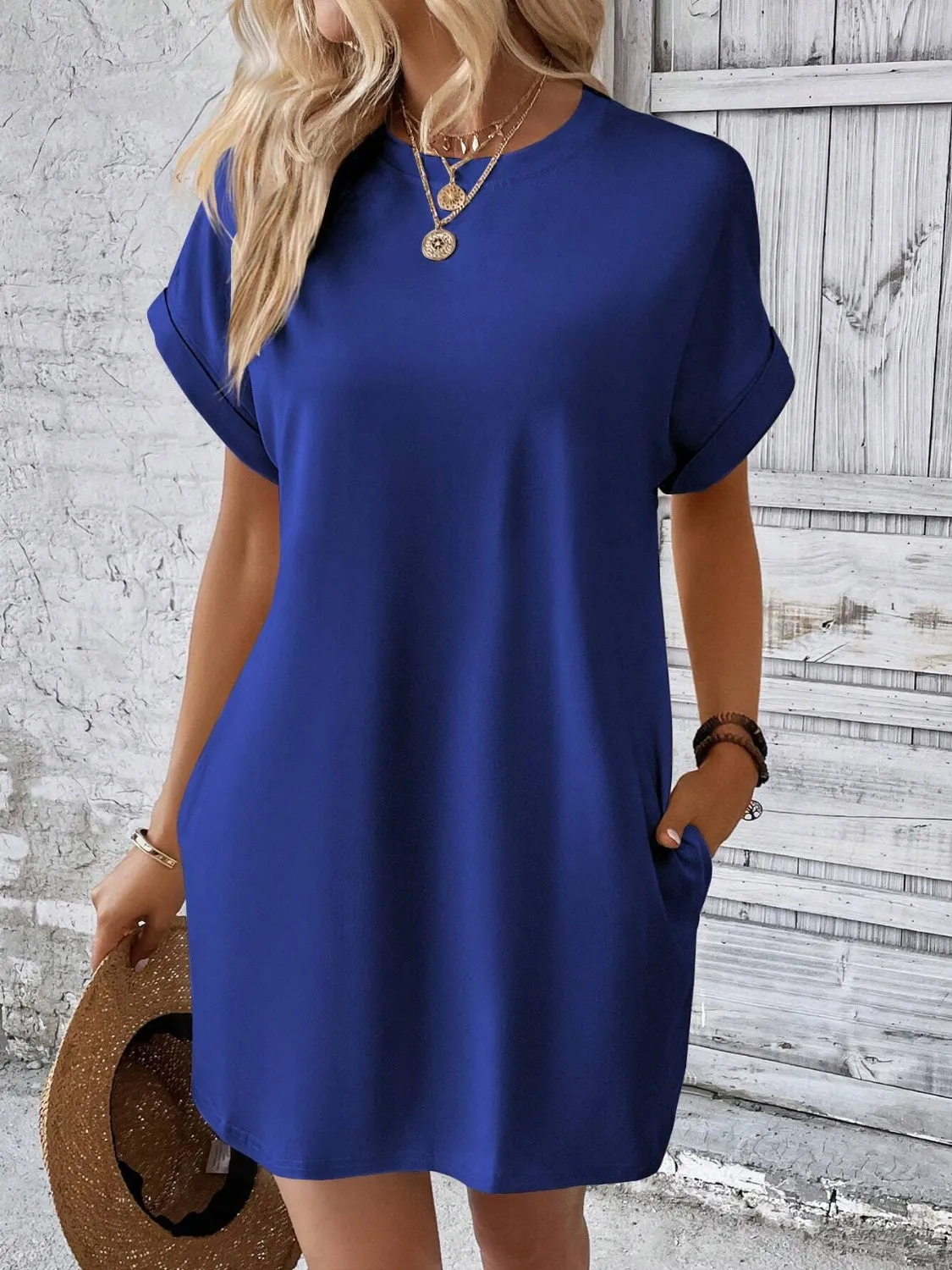 Round Neck Short Sleeve Mini Dress**