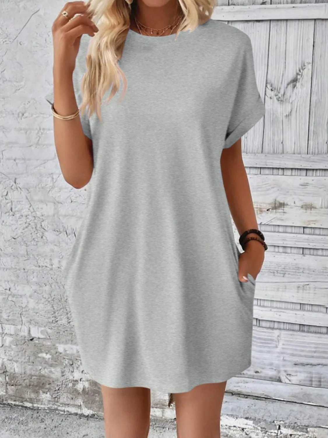 Round Neck Short Sleeve Mini Dress**