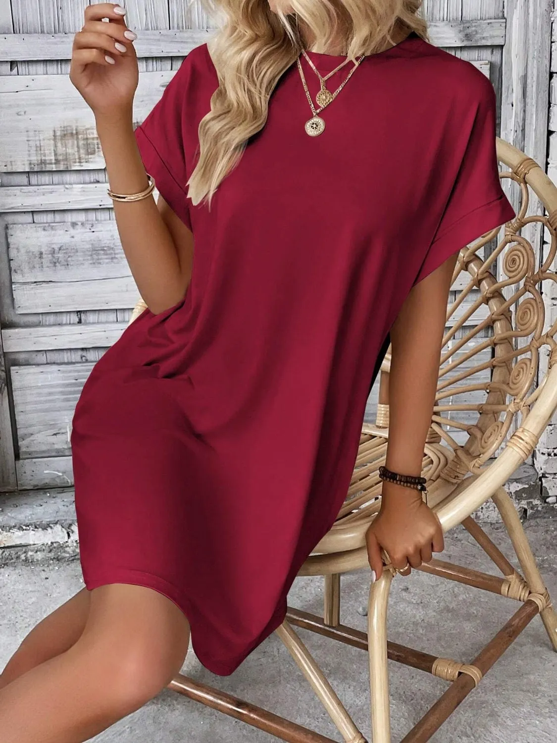 Round Neck Short Sleeve Mini Dress**