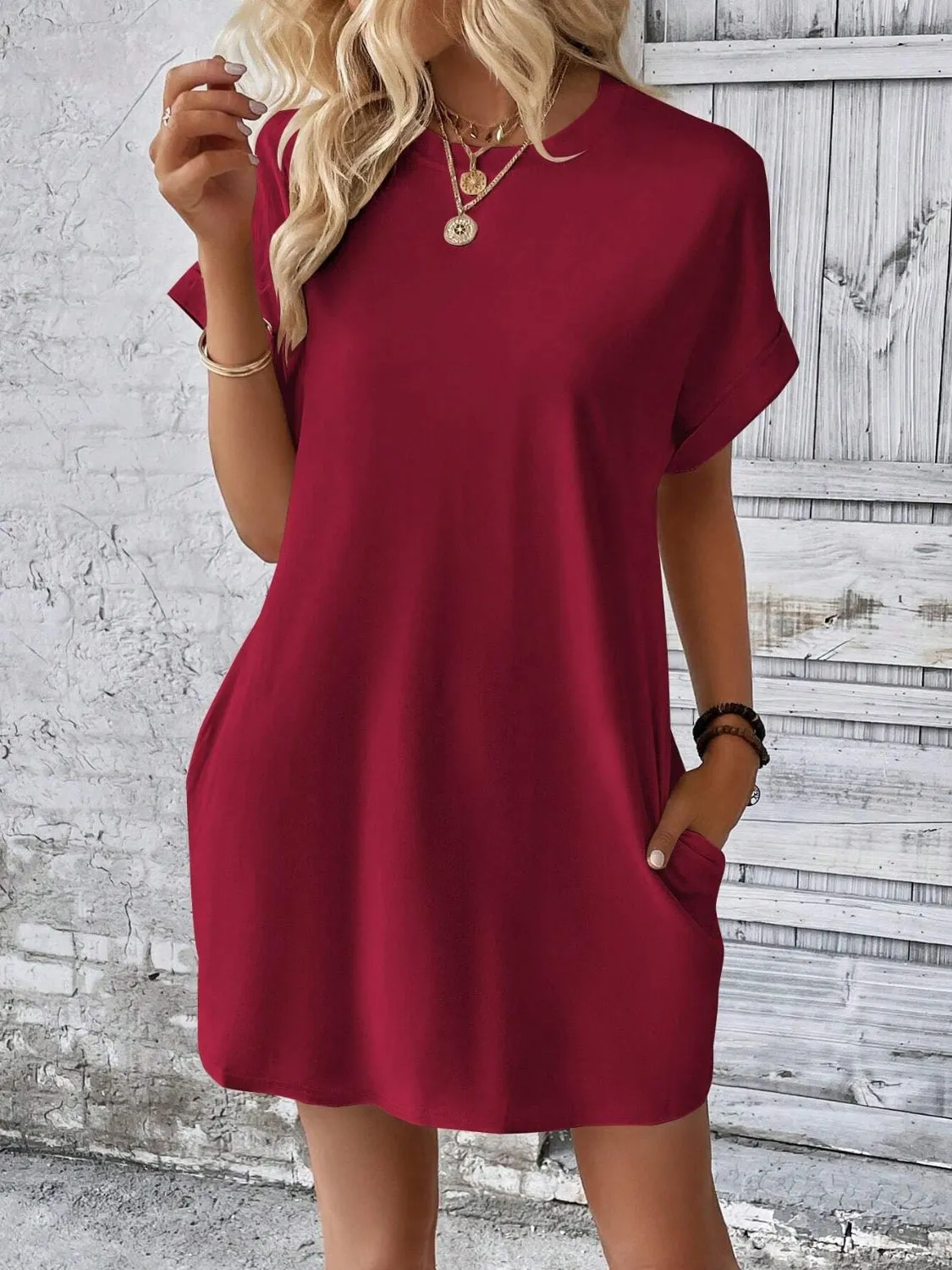 Round Neck Short Sleeve Mini Dress**