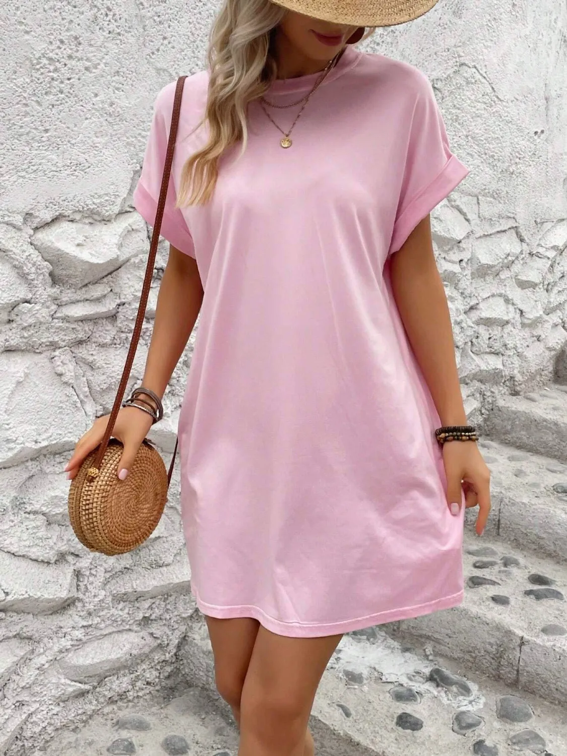 Round Neck Short Sleeve Mini Dress**