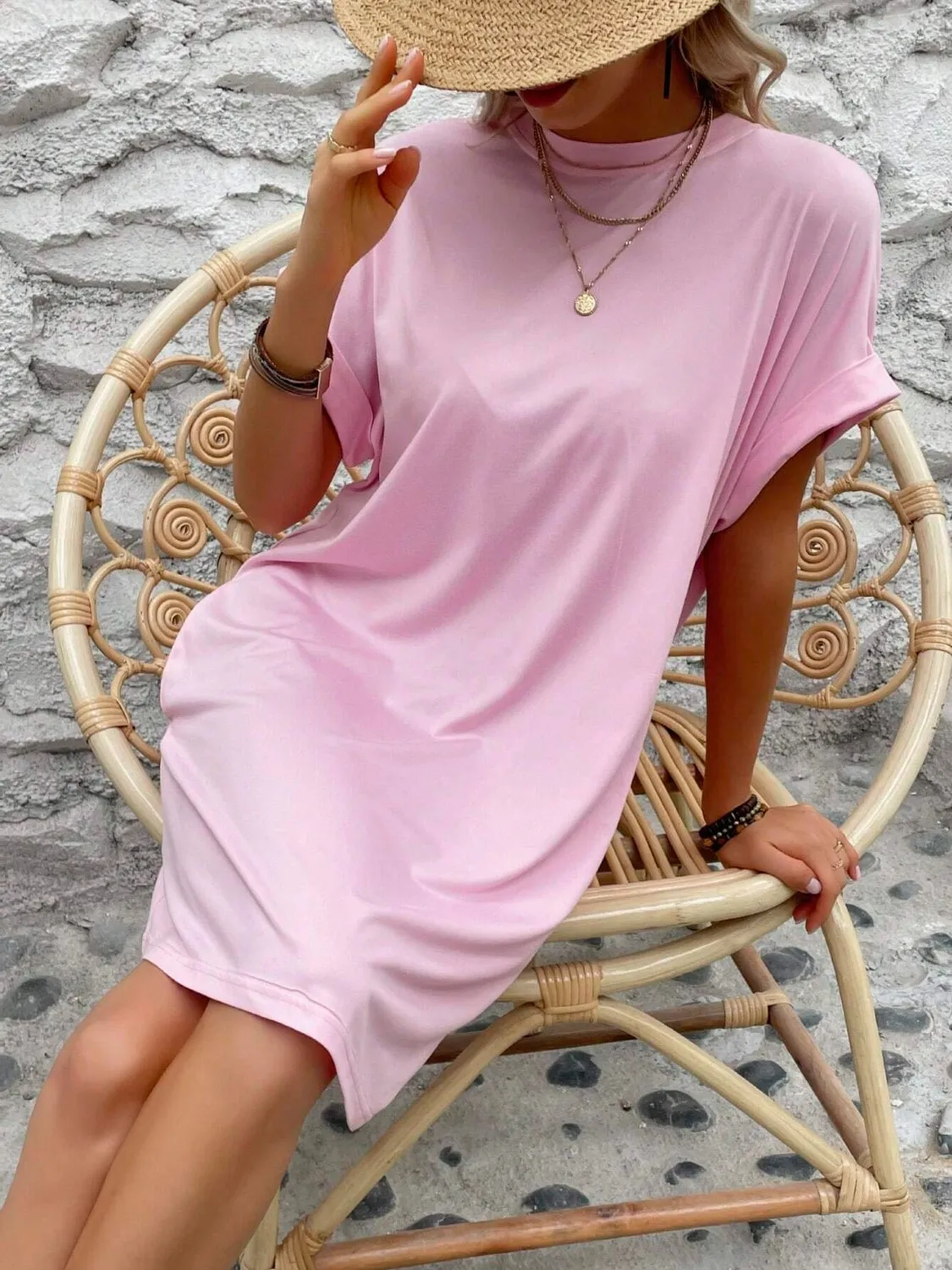 Round Neck Short Sleeve Mini Dress**