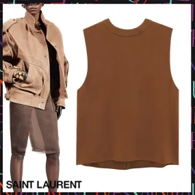 Saint Laurent Silk Satin Crepe Tank Top in Brun Chene | Style 766539Y6H402278