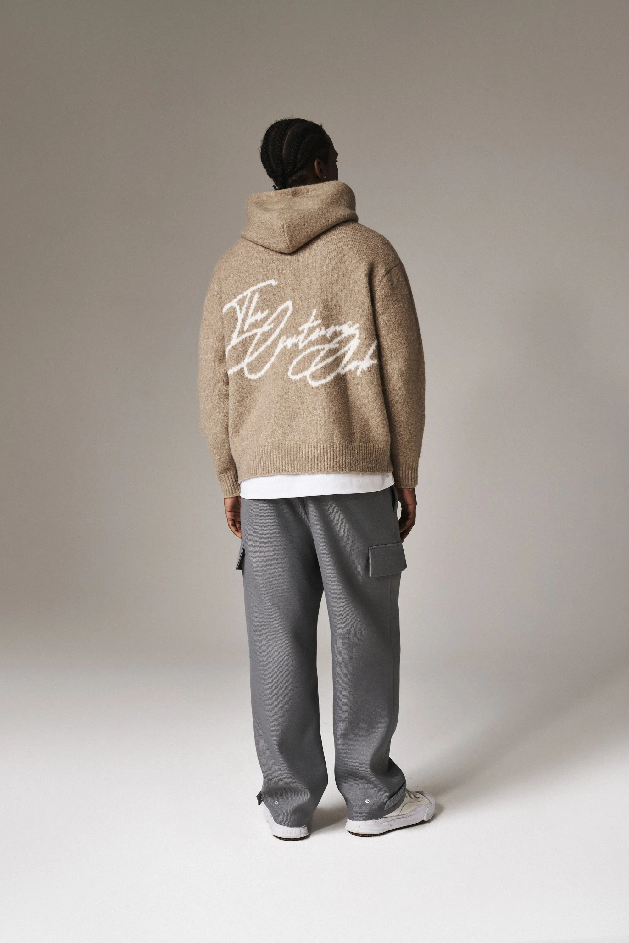 SCRIPT LOGO GRAPHIC KNITTED HOODIE - BEIGE