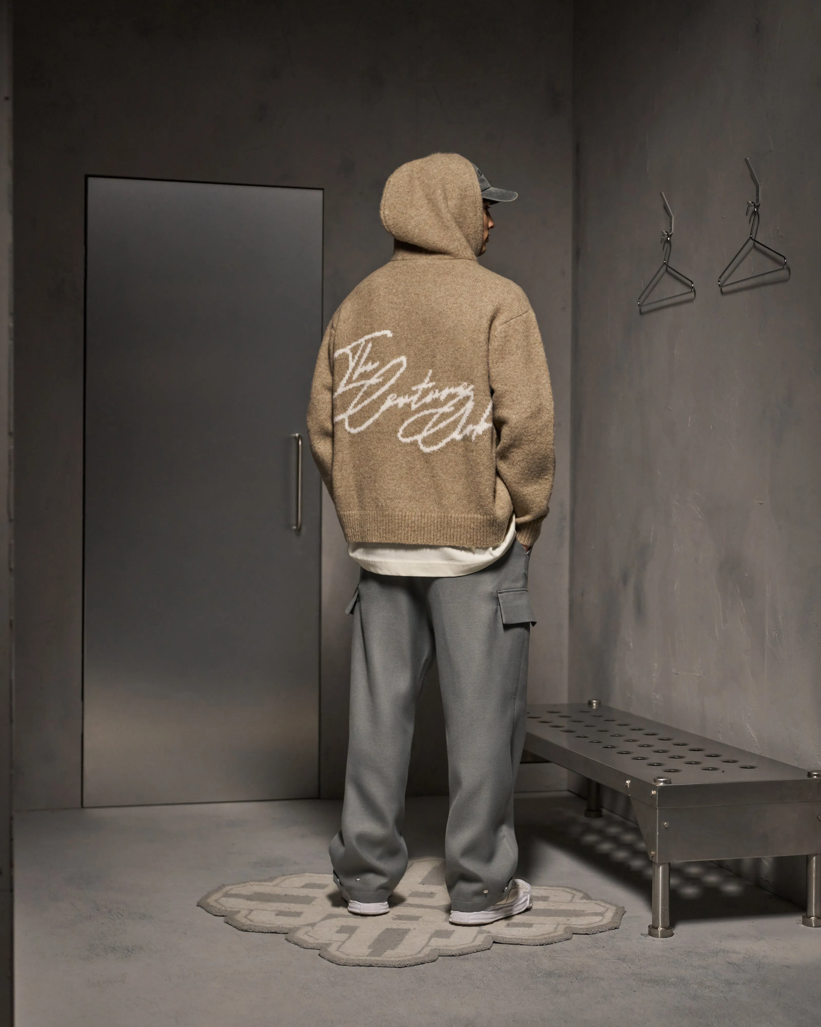 SCRIPT LOGO GRAPHIC KNITTED HOODIE - BEIGE