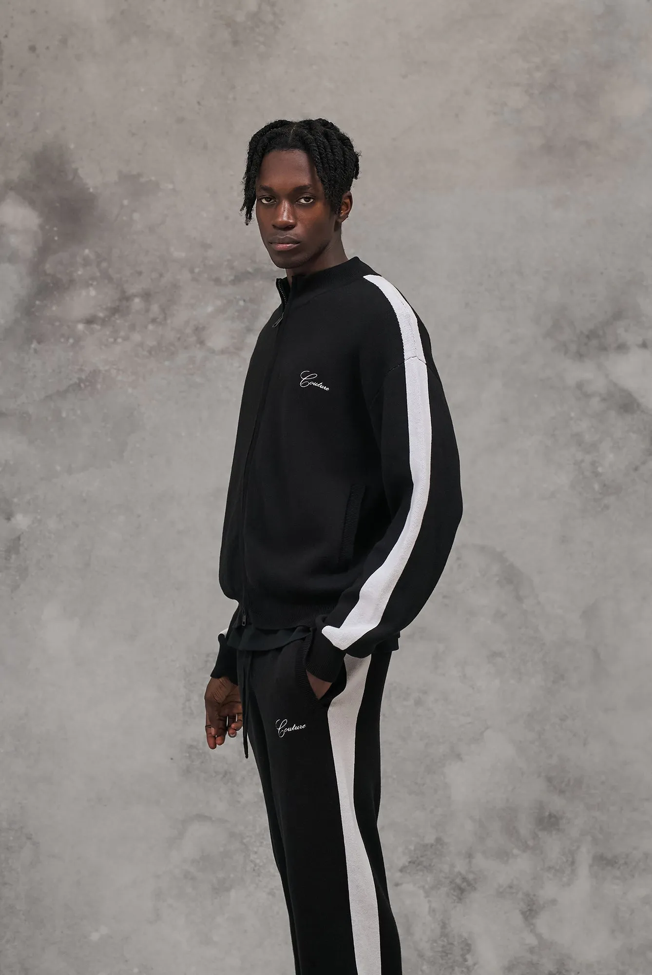 SIDE STRIPE KNITTED TRACK JACKET - BLACK