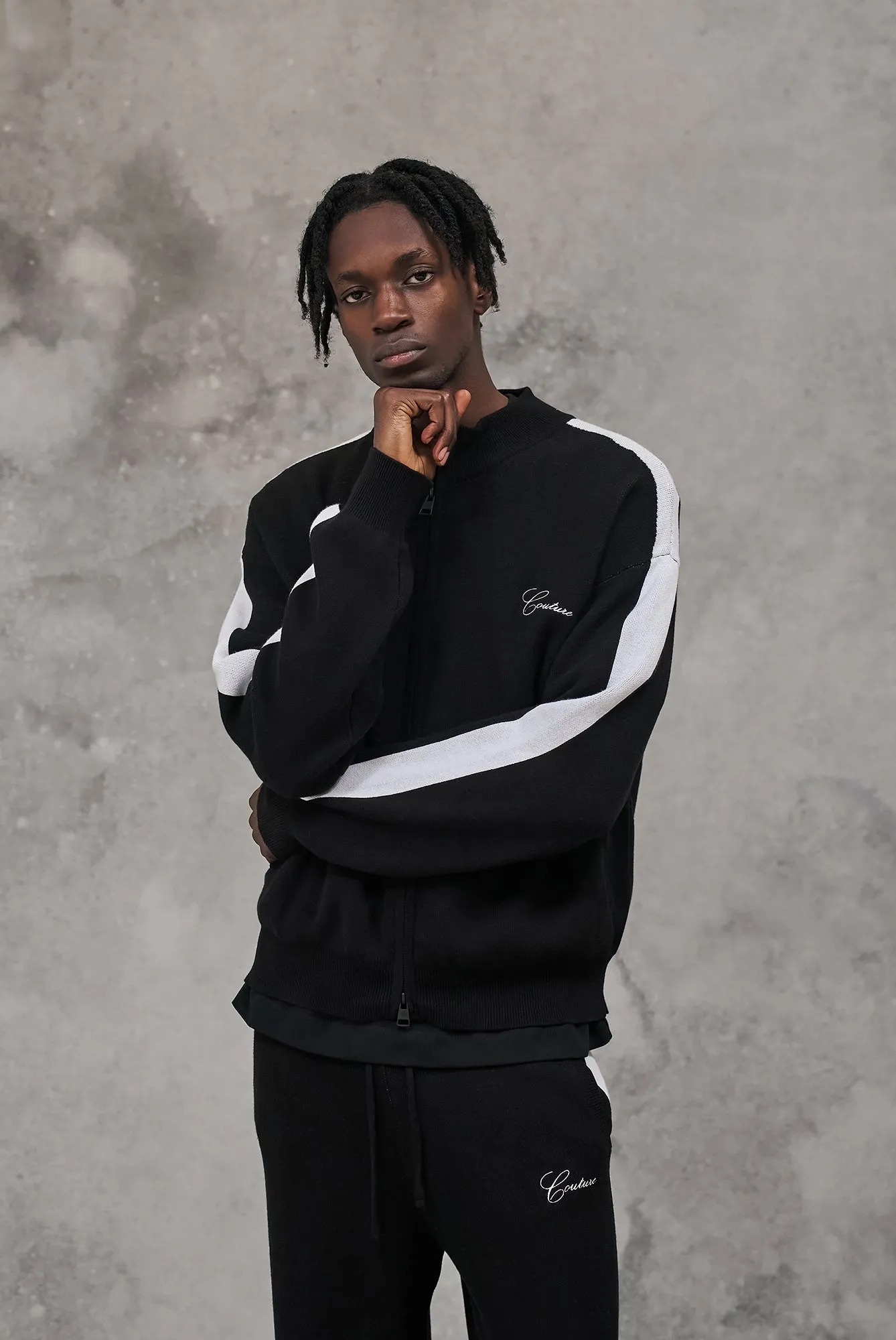 SIDE STRIPE KNITTED TRACK JACKET - BLACK