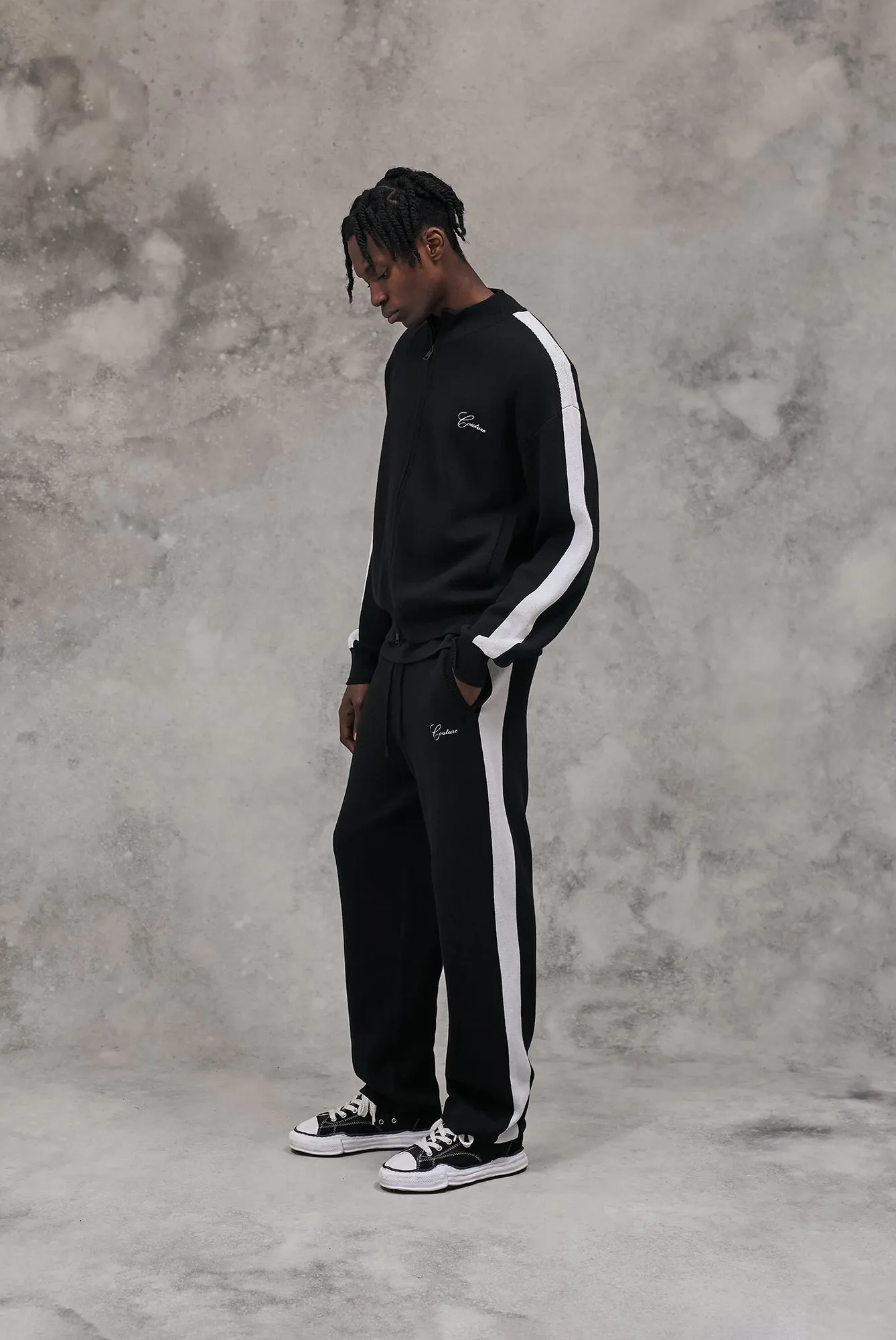 SIDE STRIPE KNITTED TRACK JACKET - BLACK