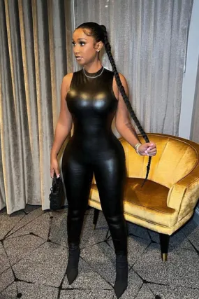 sleeveless leather jumpsuit black mock neck