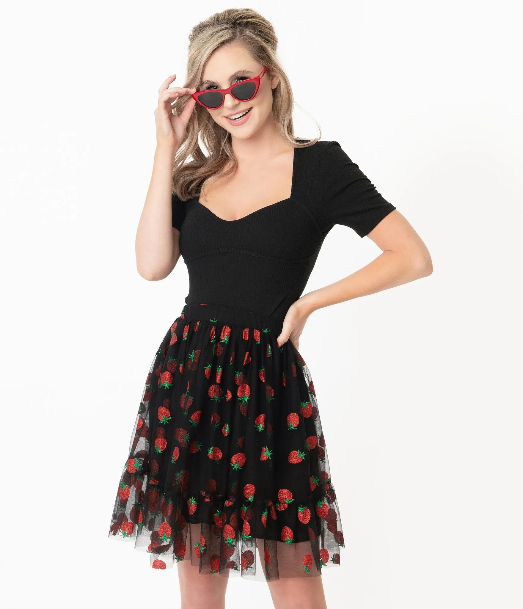 Smak Parlour Black Strawberry Print Skirt