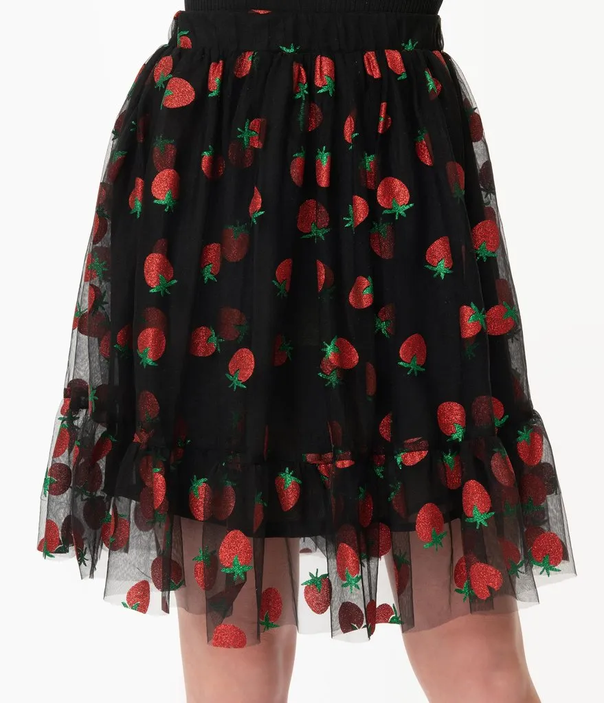 Smak Parlour Black Strawberry Print Skirt