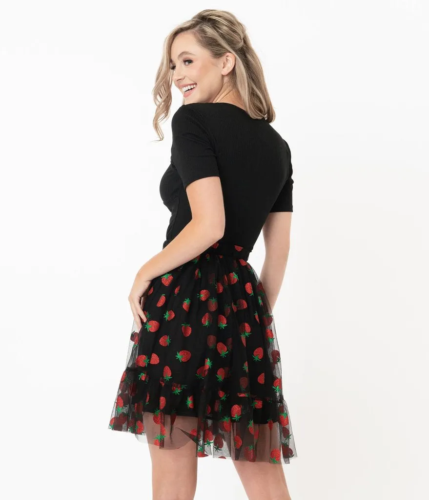 Smak Parlour Black Strawberry Print Skirt