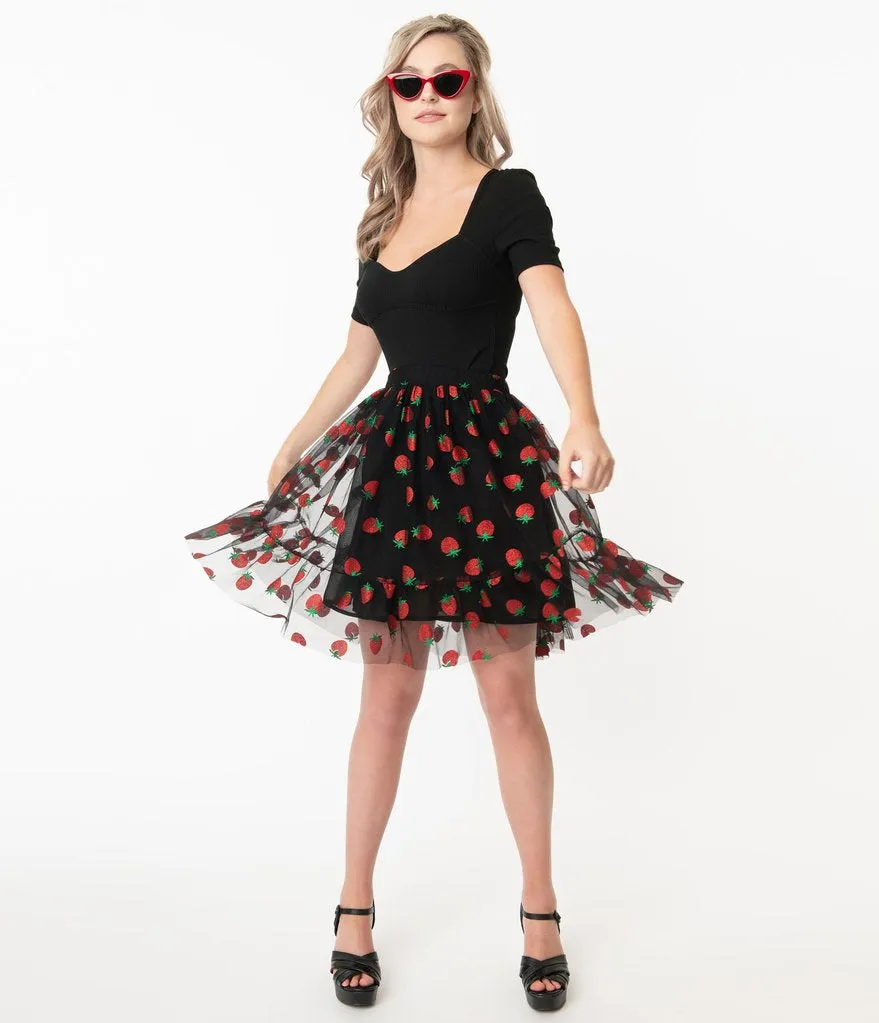 Smak Parlour Black Strawberry Print Skirt