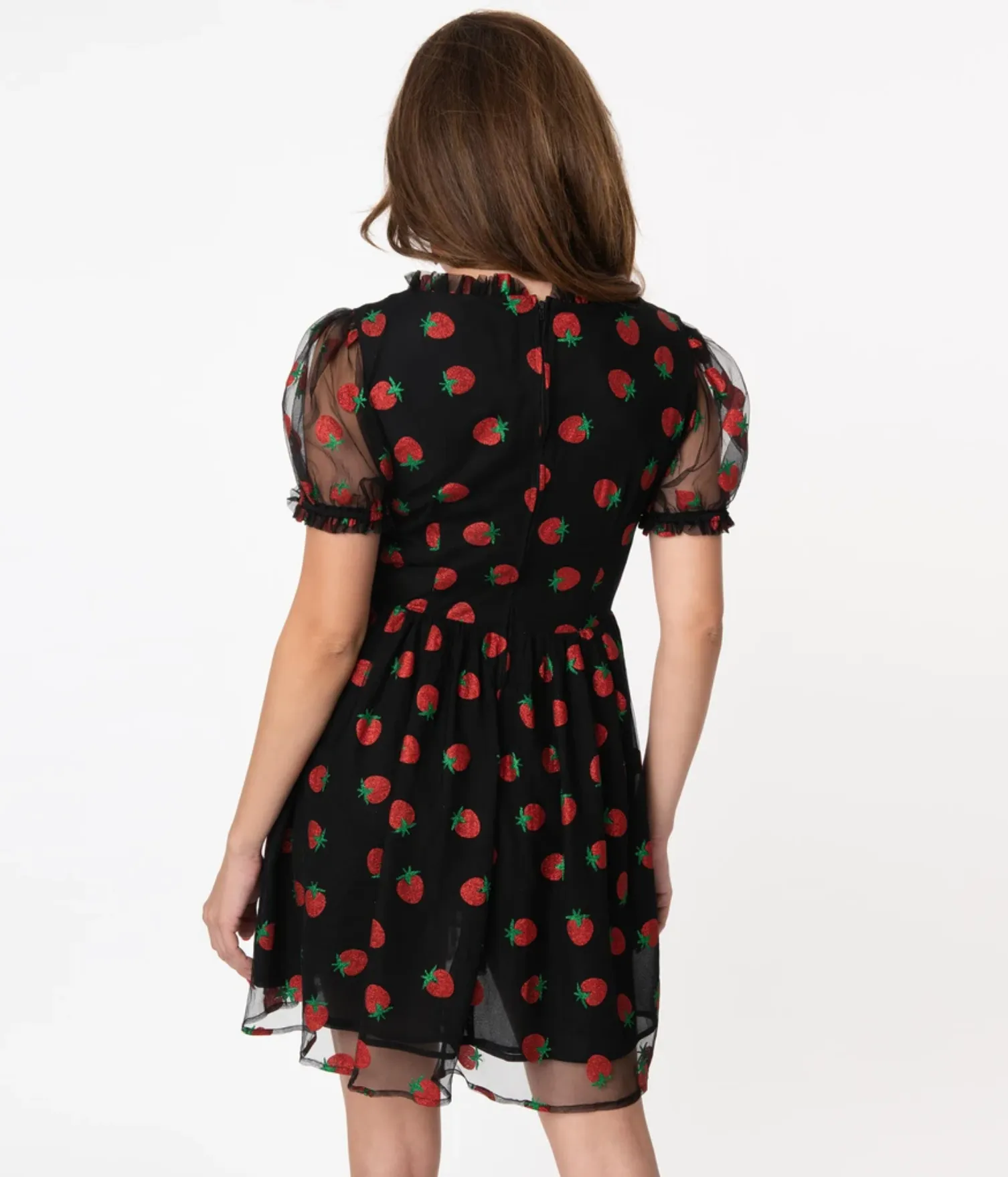 Smak Parlour Black Strawberry Print Woodstock Flare Dress XS S