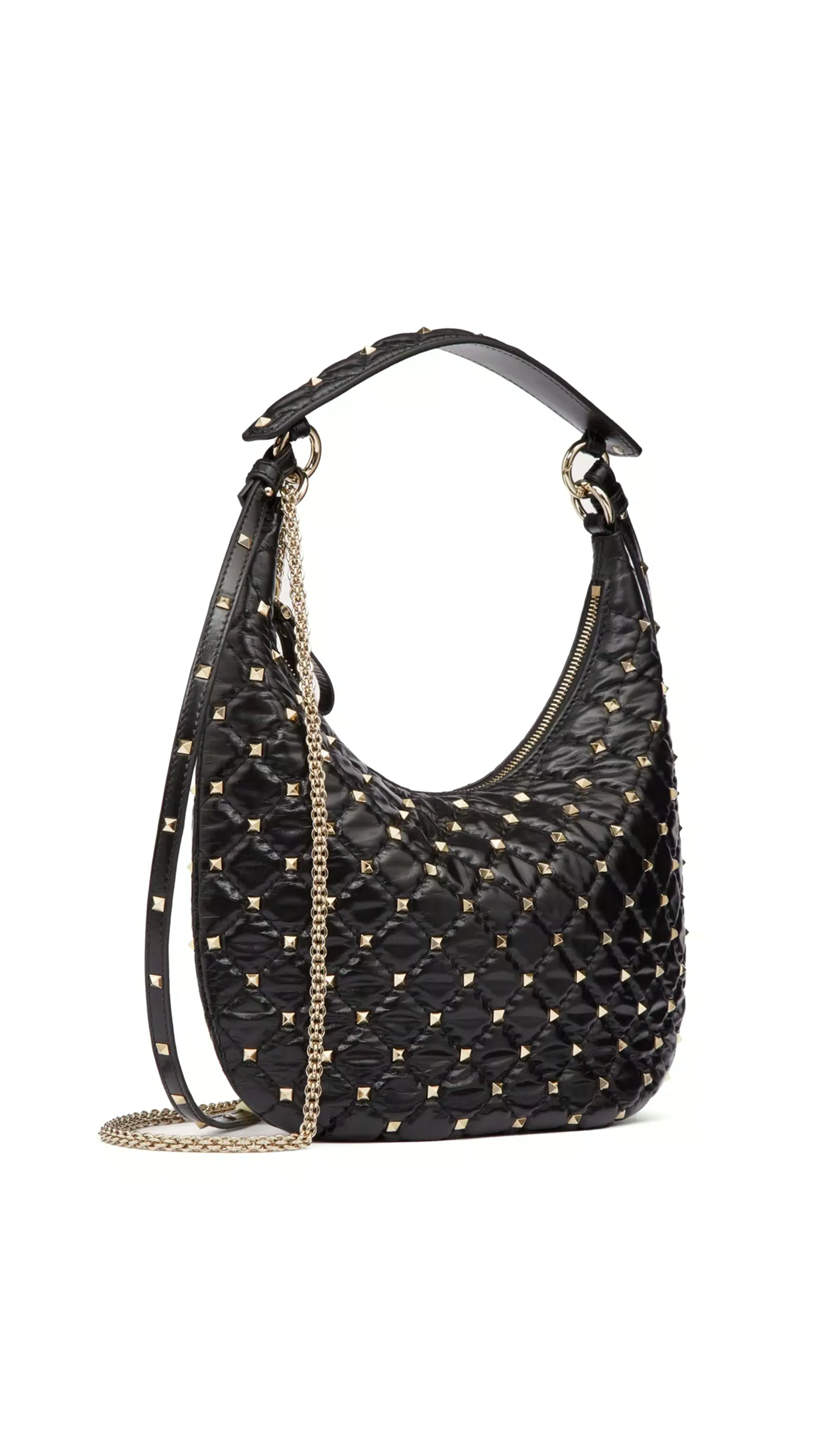 Small Rockstud Spike Hobo Bag in Calfskin Leather - Black