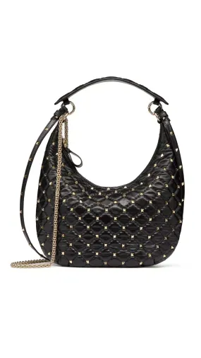 Small Rockstud Spike Hobo Bag in Calfskin Leather - Black