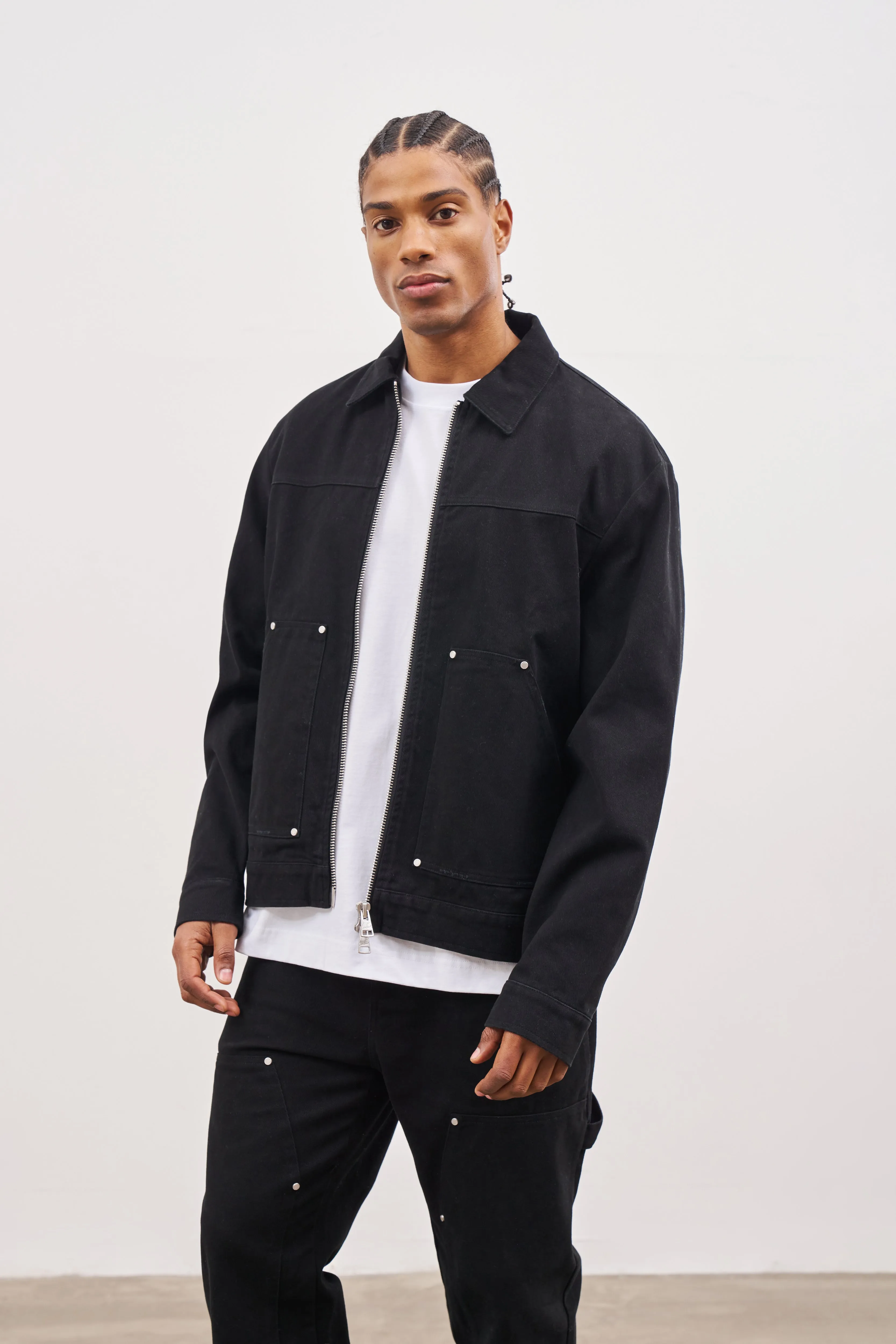 TWILL RIVET DETAIL CARPENTER JACKET - BLACK