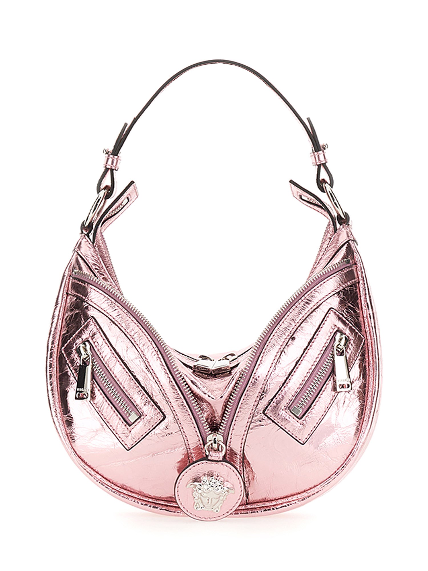 VERSACE    SMALL REPEAT HOBO BAG IN METALLIC LEATHER