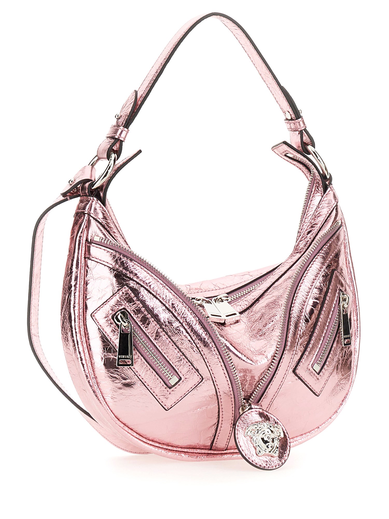 VERSACE    SMALL REPEAT HOBO BAG IN METALLIC LEATHER