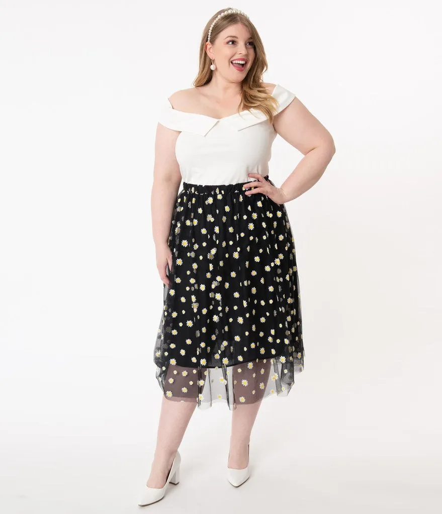 Vintage Black and White Daisy Print Tulle Skirt