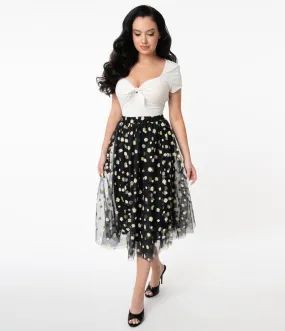 Vintage Black and White Daisy Print Tulle Skirt