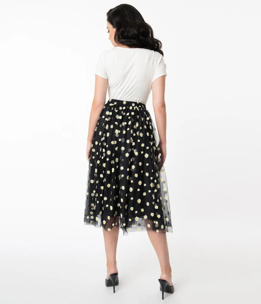 Vintage Black and White Daisy Print Tulle Skirt