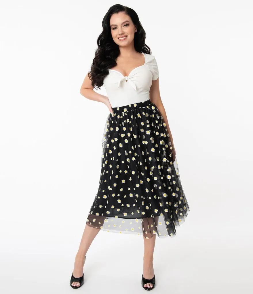 Vintage Black and White Daisy Print Tulle Skirt