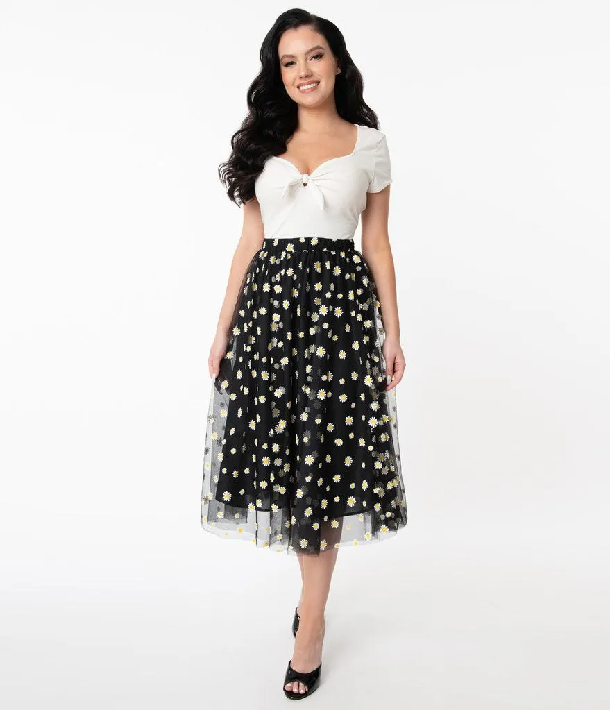 Vintage Black and White Daisy Print Tulle Skirt