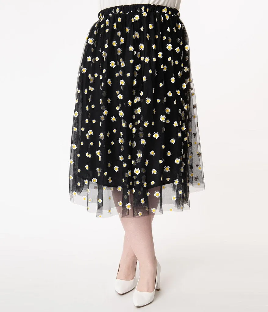 Vintage Black and White Daisy Print Tulle Skirt