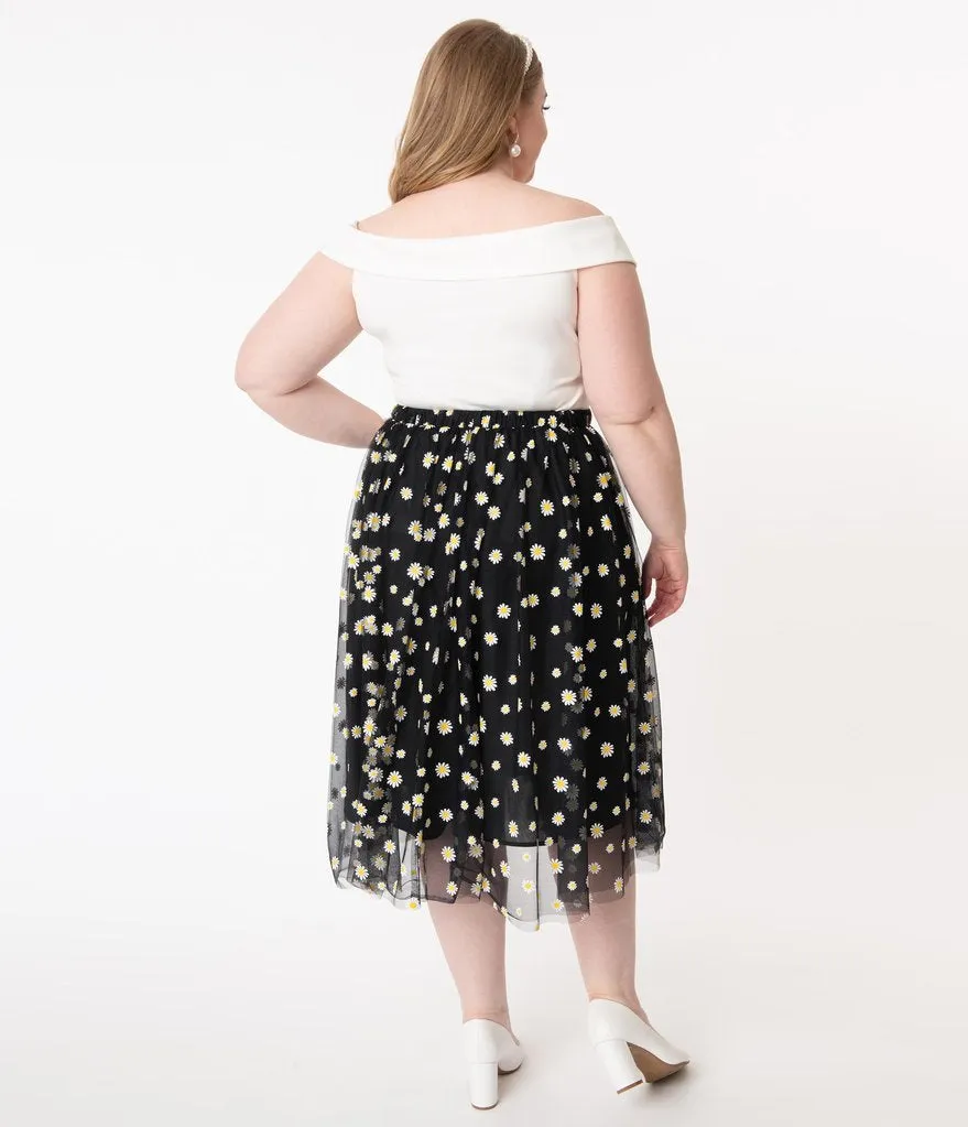 Vintage Black and White Daisy Print Tulle Skirt