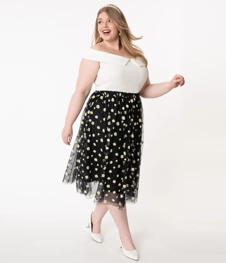 Vintage Black and White Daisy Print Tulle Skirt