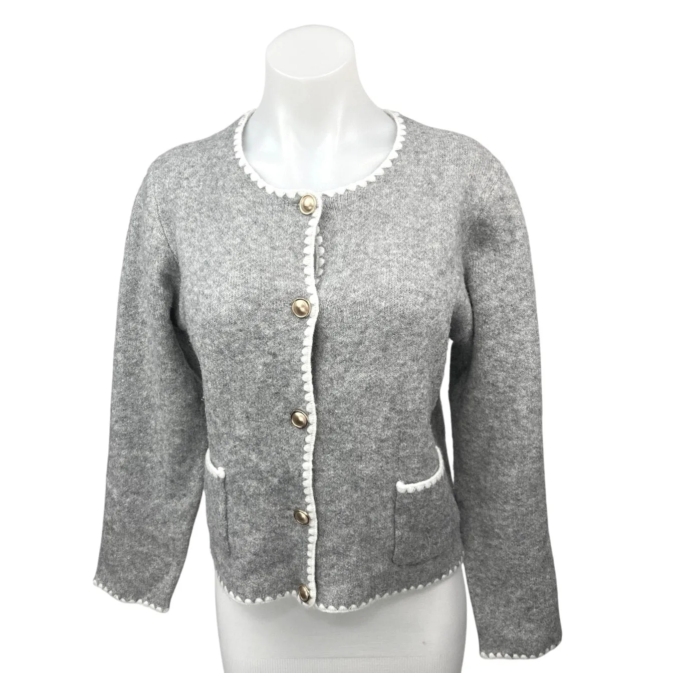 Vintage Season Gray White Embroidered Button Up Blazer Cardigan Sweater Top S/M