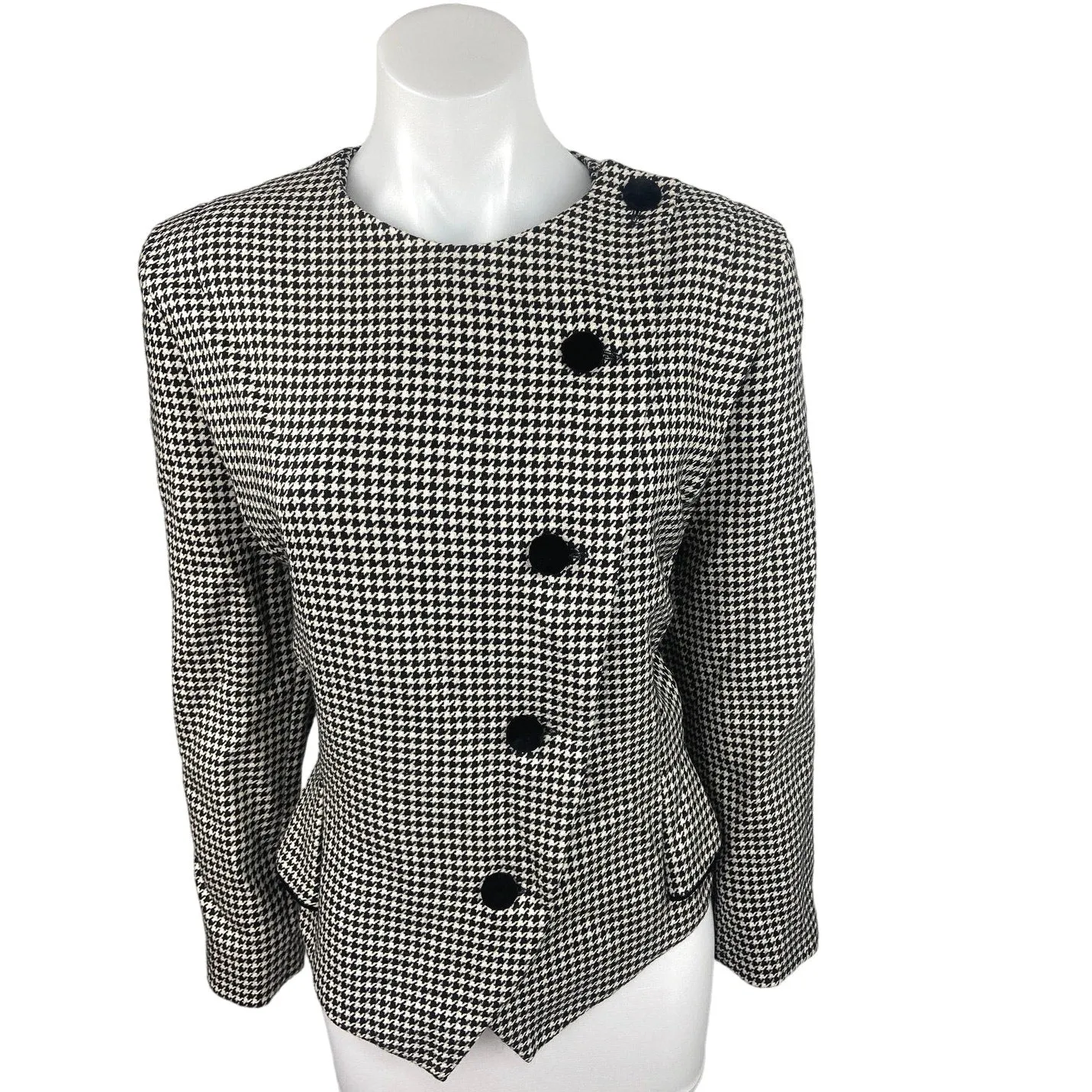 Vintage Stunner Black White Houndstooth Asymmetric Button Up Career Blazer Sz 40