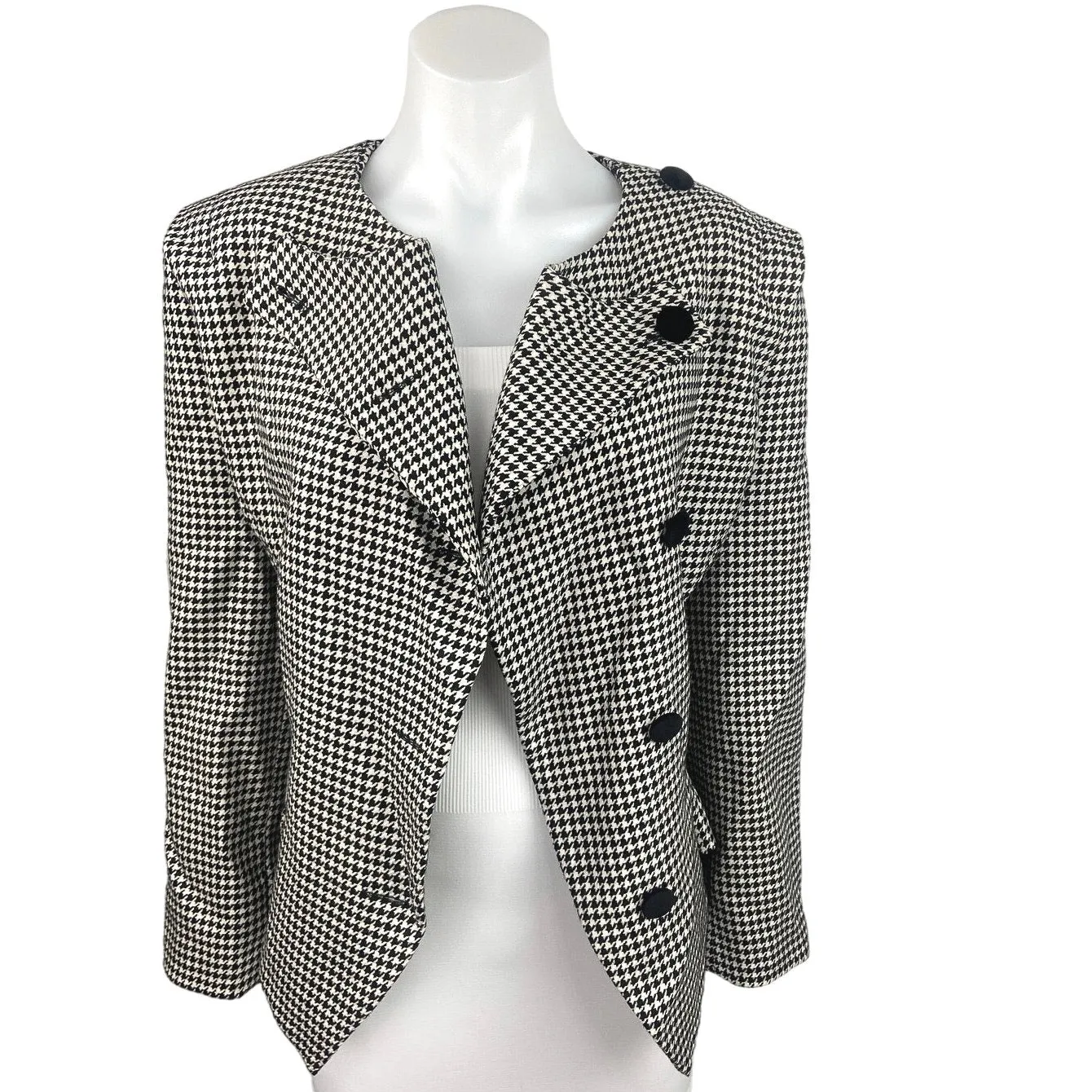 Vintage Stunner Black White Houndstooth Asymmetric Button Up Career Blazer Sz 40