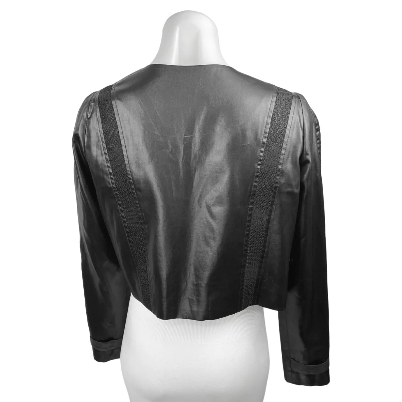 Vivienne Hu Black Silk Satin Draped Biker Collared Blazer Crop Coat Jacket Sz 2