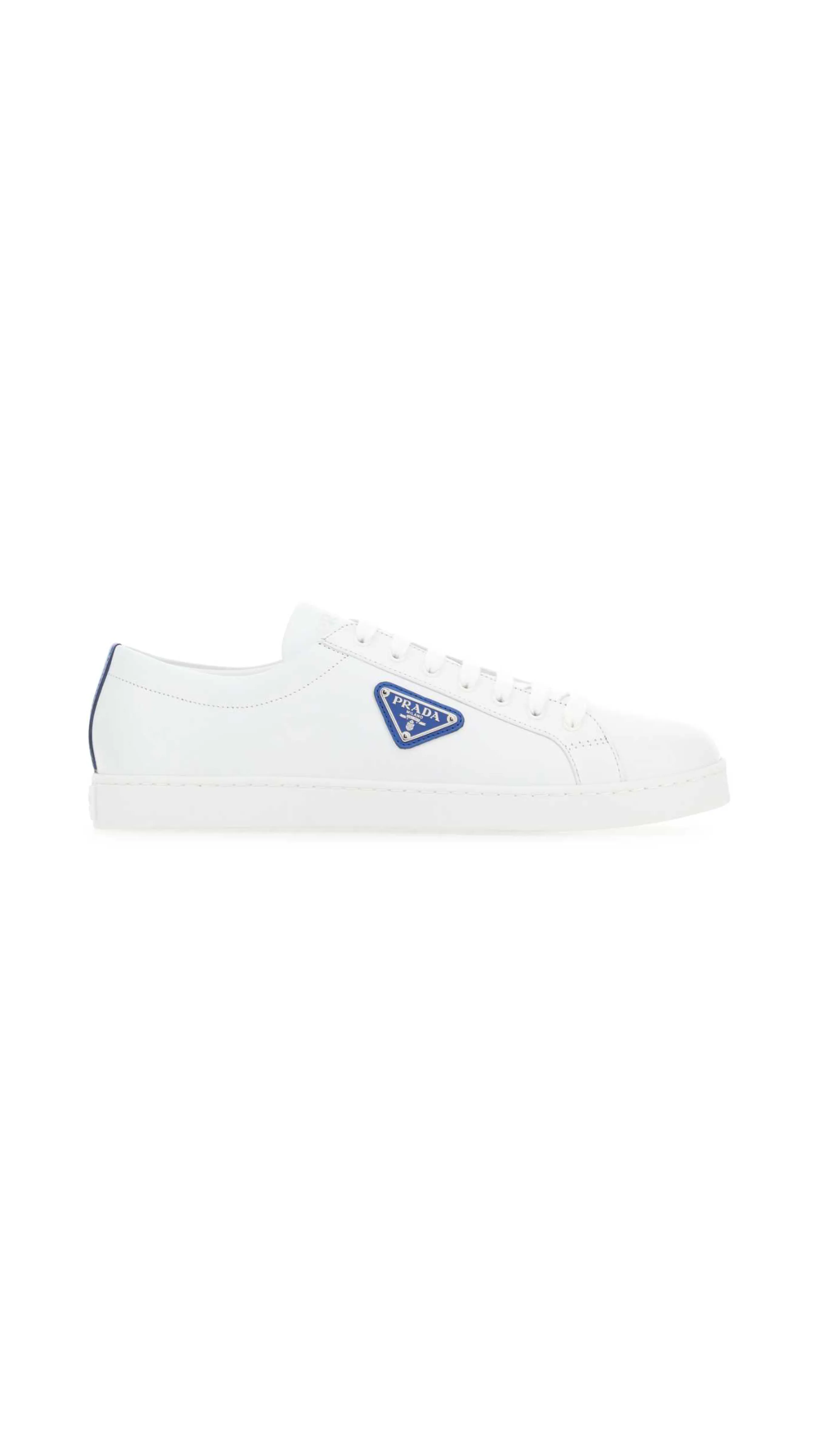 White and Blue Brushed Leather Sneakers.