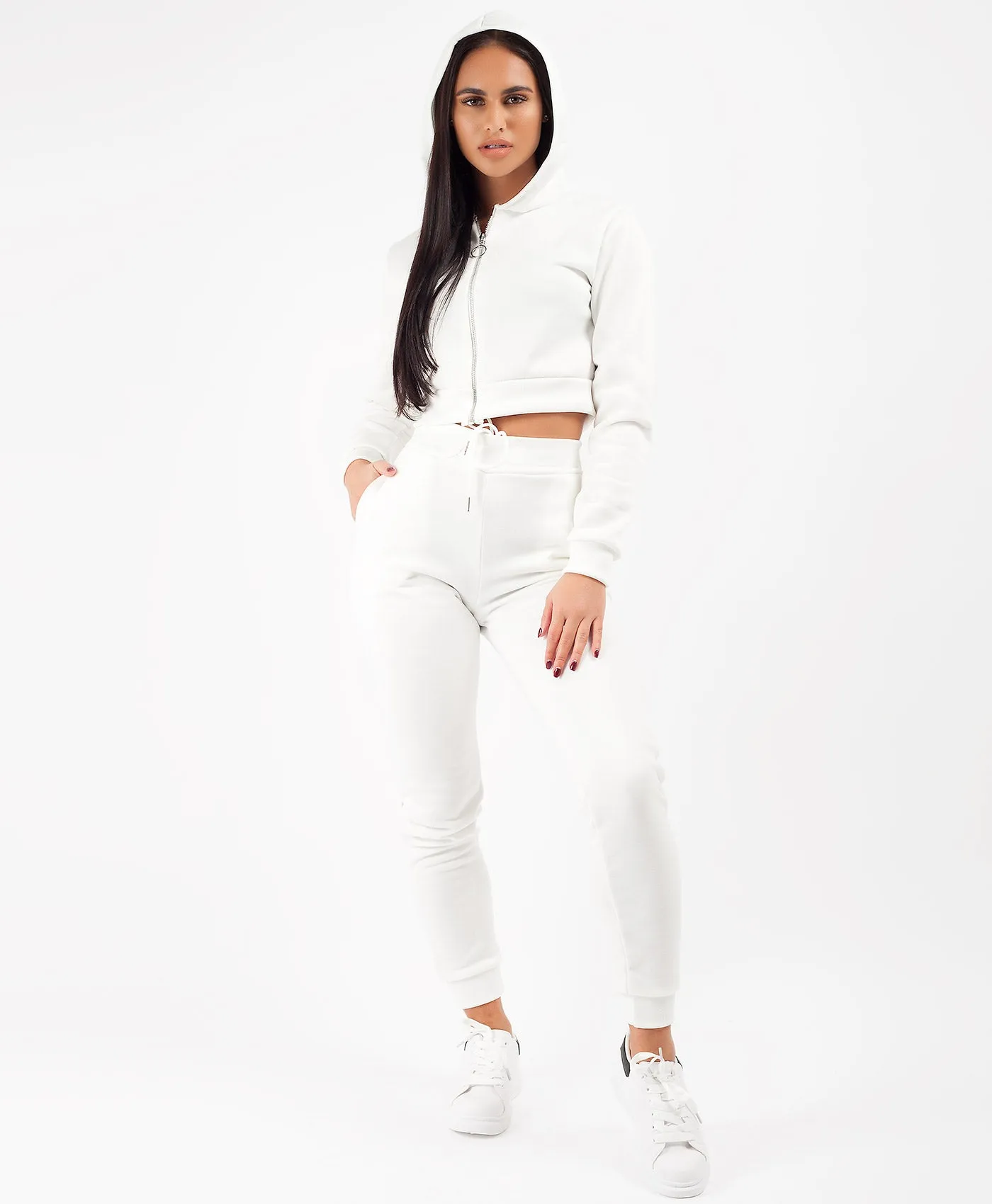 White Cropped Hoodie & Joggers Lougewear Set