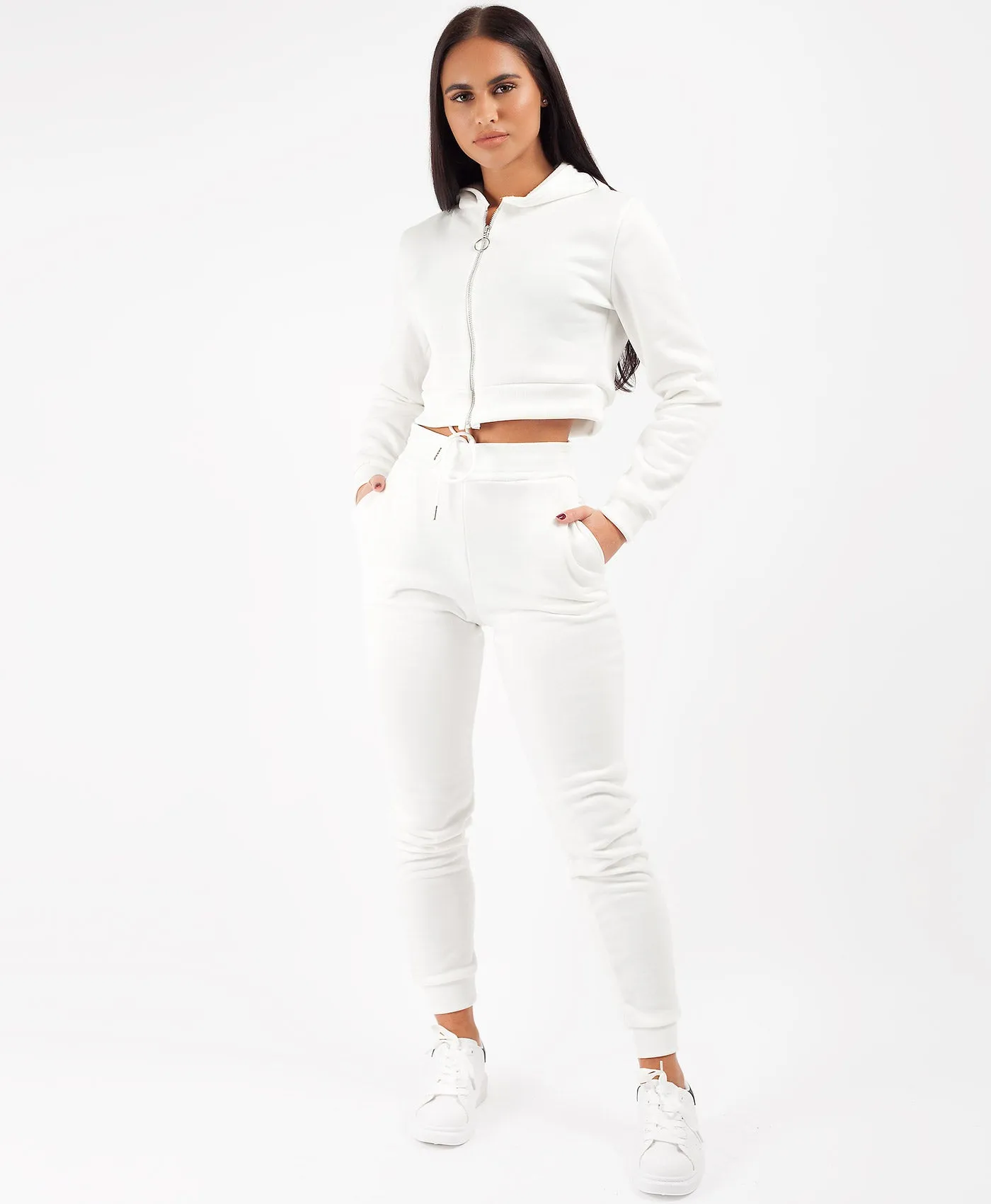 White Cropped Hoodie & Joggers Lougewear Set