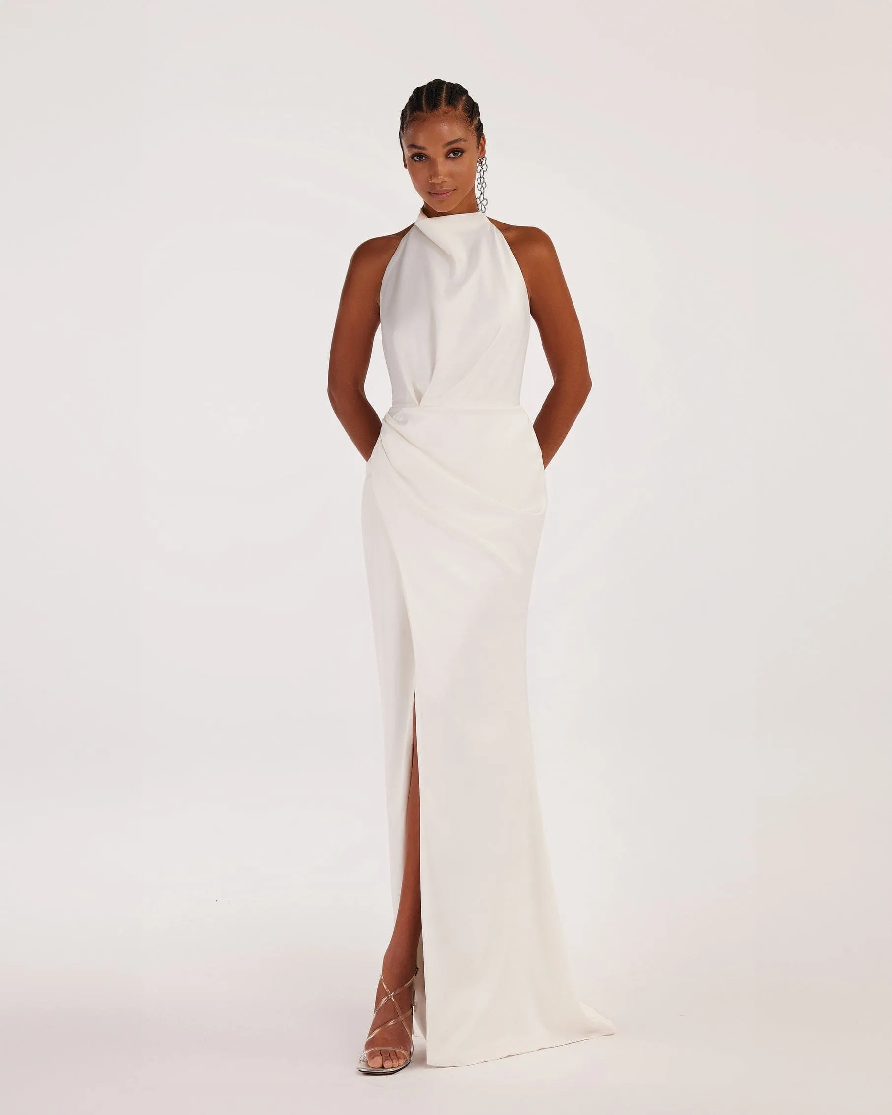 White Sleeveless Dress with Mock Neck and Low Slit