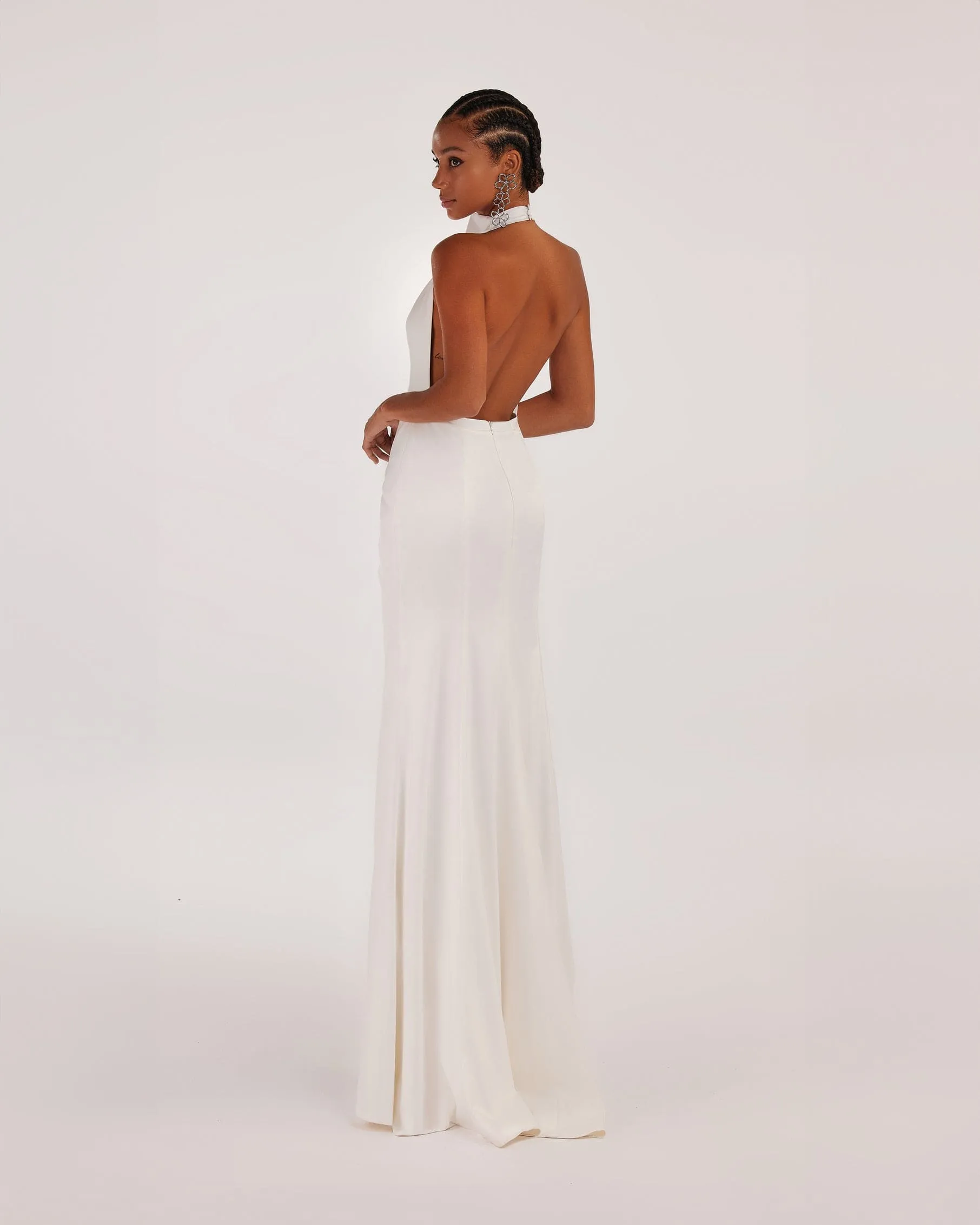 White Sleeveless Dress with Mock Neck and Low Slit