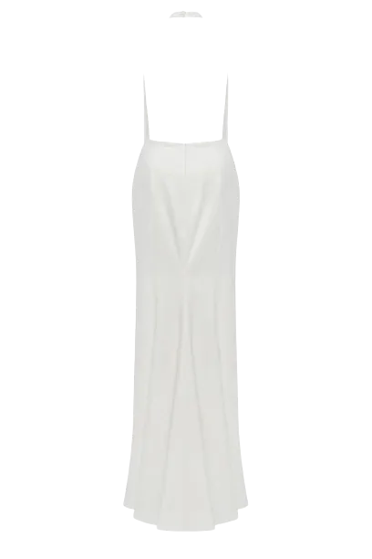 White Sleeveless Dress with Mock Neck and Low Slit