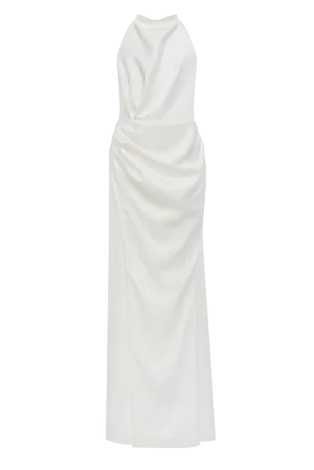 White Sleeveless Dress with Mock Neck and Low Slit