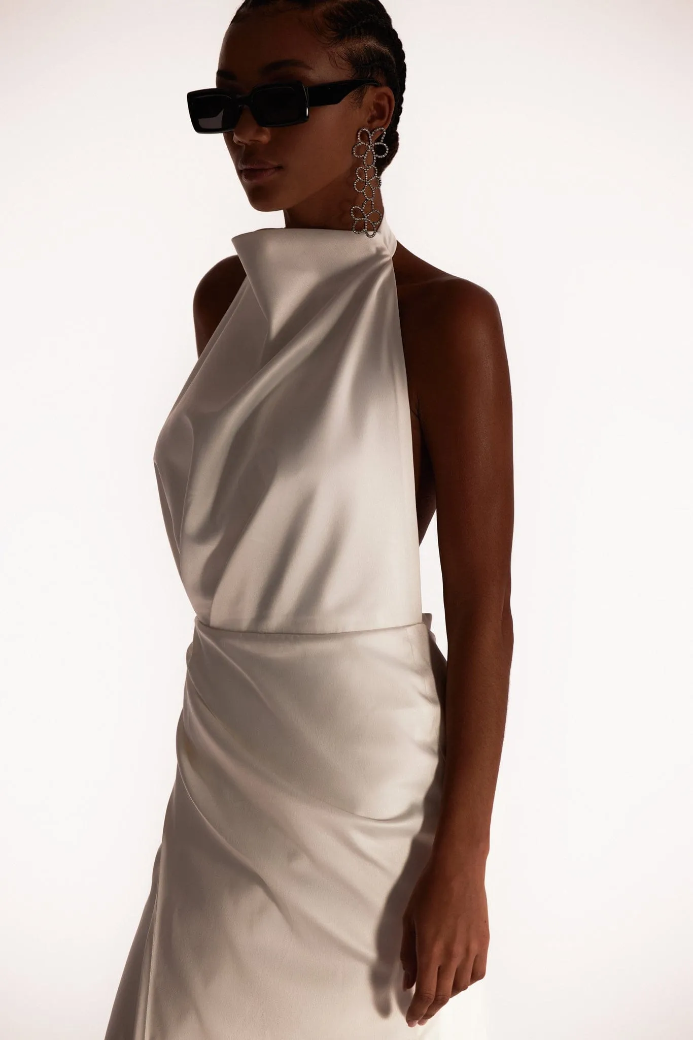 White Sleeveless Dress with Mock Neck and Low Slit