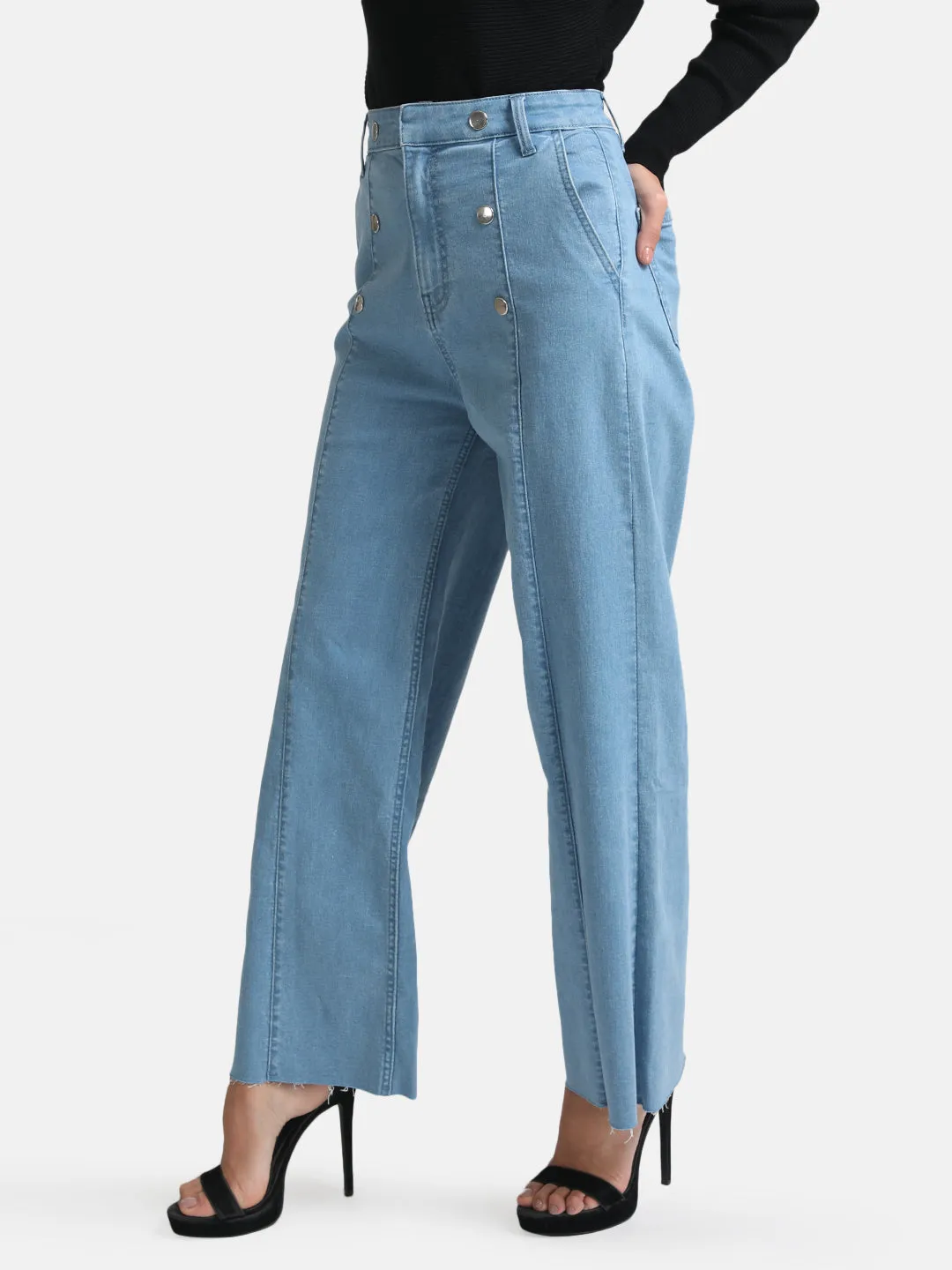 Wide Leg Denim Jeans with Button Accents