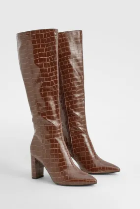 Wide Width Pointed Toe Croc Knee High Boots