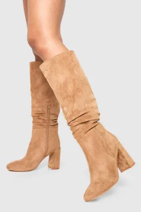 Wide Width Ruched Wide Shaft Heeled Knee High Boots