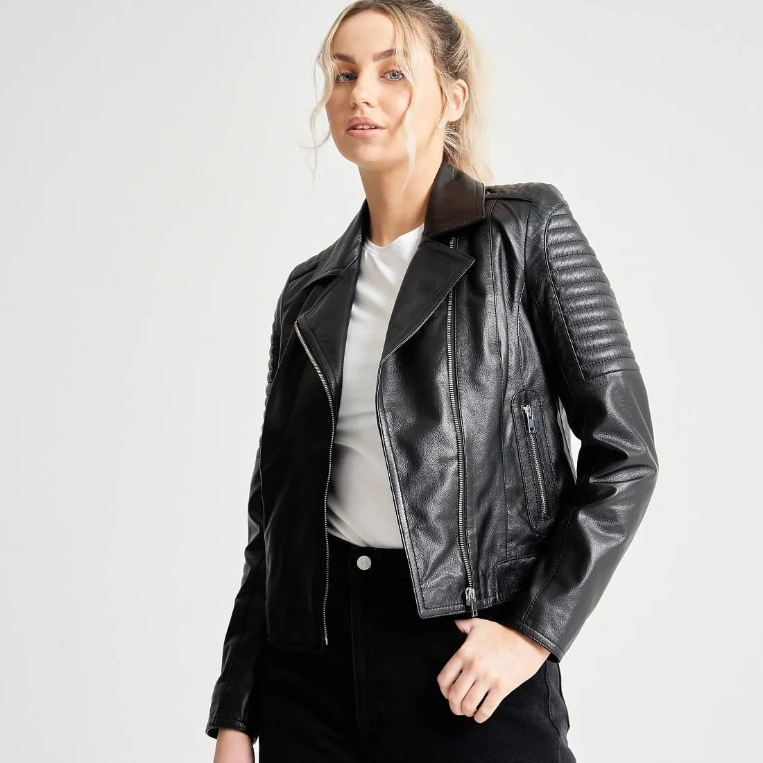 Women's Leather Jacket with Quilted Ribbed Shoulders - Charli - Barneys Originals