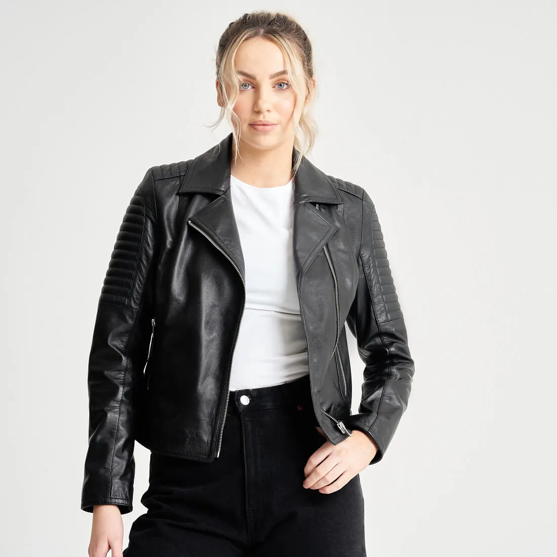 Women's Leather Jacket with Quilted Ribbed Shoulders - Charli - Barneys Originals