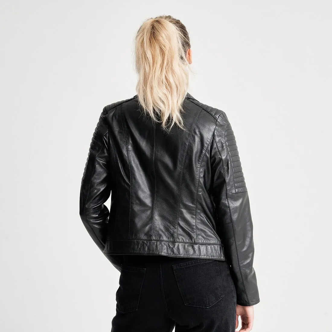 Women's Leather Jacket with Quilted Ribbed Shoulders - Charli - Barneys Originals