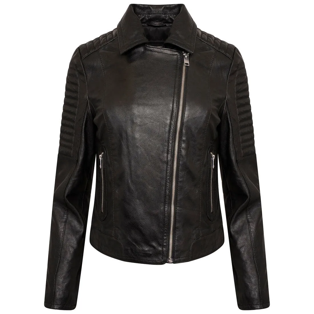 Women's Leather Jacket with Quilted Ribbed Shoulders - Charli - Barneys Originals